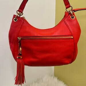 Michael Kors Coral Red Leather Shoulder Bag Crossbody Pebbled Tassel Charm